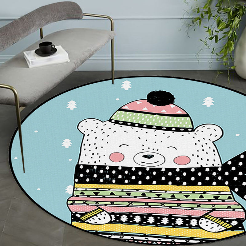 Lisslune | Casual Kids Rug in Blue Animals Bear Trees Pattern Rug Polyester Washable Pet Friendly Carpet for Nursery