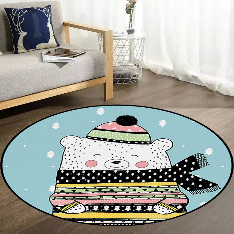 Lisslune | Casual Kids Rug in Blue Animals Bear Trees Pattern Rug Polyester Washable Pet Friendly Carpet for Nursery