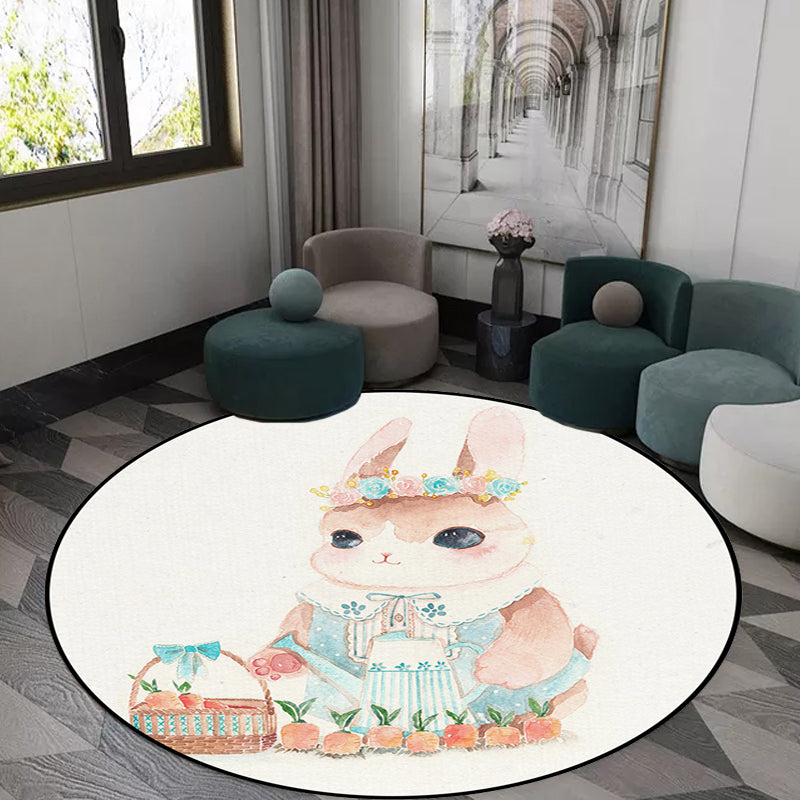 Lisslune | Cute Kids Rug in White Animal Owl Rabbit Sloth Pattern Rug Polyester Non-Slip Washable Rug for the Children's Room