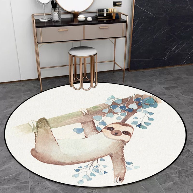 Lisslune | Cute Kids Rug in White Animal Owl Rabbit Sloth Pattern Rug Polyester Non-Slip Washable Rug for the Children's Room