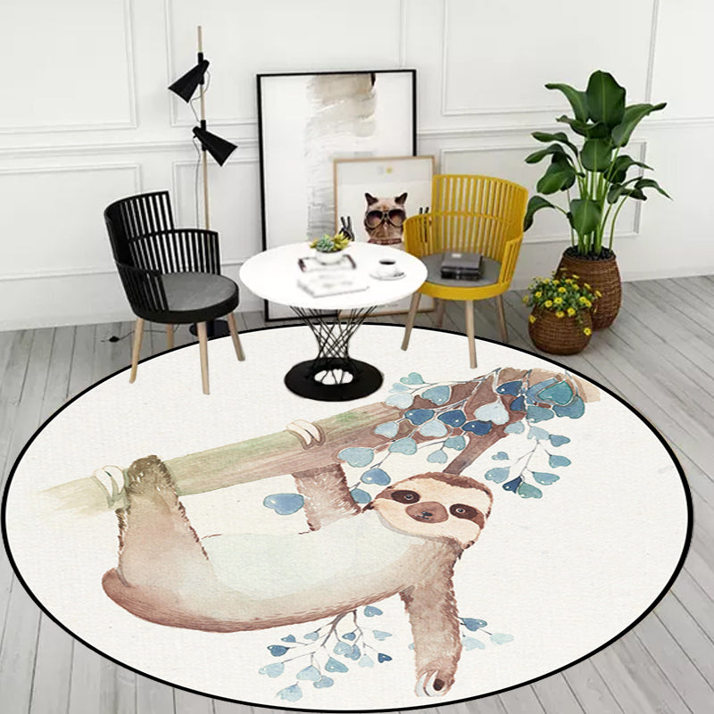 Lisslune | Cute Kids Rug in White Animal Owl Rabbit Sloth Pattern Rug Polyester Non-Slip Washable Rug for the Children's Room