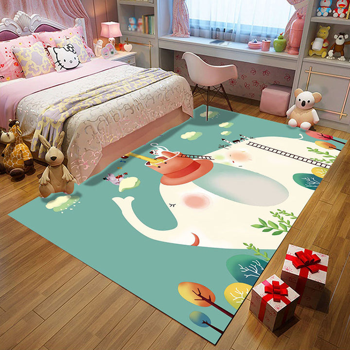 Lisslune | Kids Bedroom Rug in Green Animal Elephant Tree Cloud Print Rug Polyester Machine Washable Rug