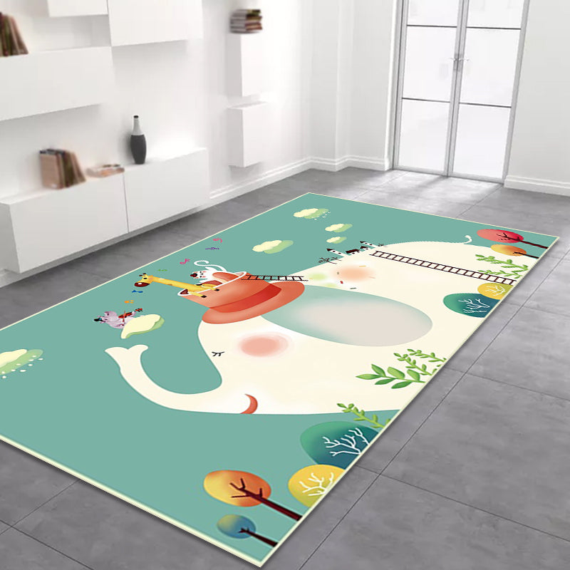 Lisslune | Kids Bedroom Rug in Green Animal Elephant Tree Cloud Print Rug Polyester Machine Washable Rug