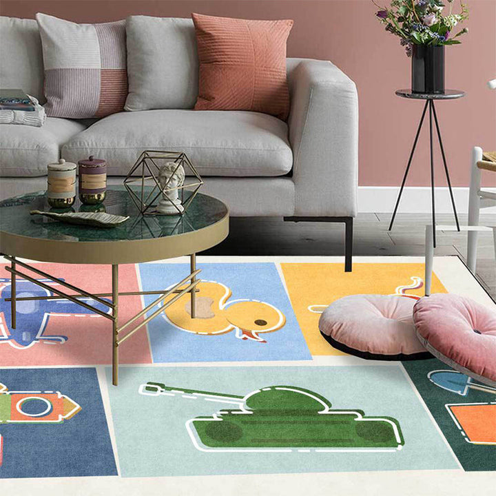 Lisslune | Unique children's carpet Colorful cars & roads Duck tank Plane pattern carpet Polyester Pet-friendly carpet for the children's room