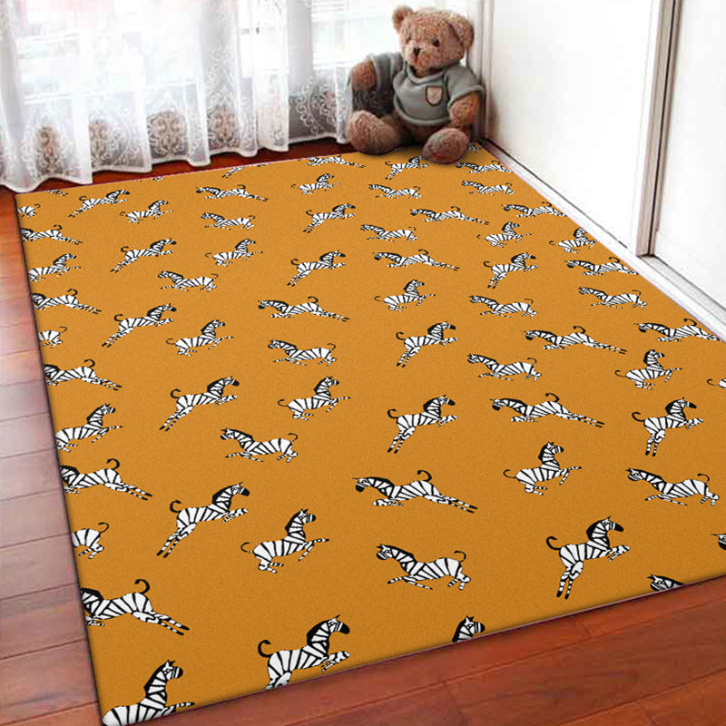 Lisslune | Orange Children's Room Rug Children's Animal Zebra Pattern Rug Polyester Stain Resistant Rug