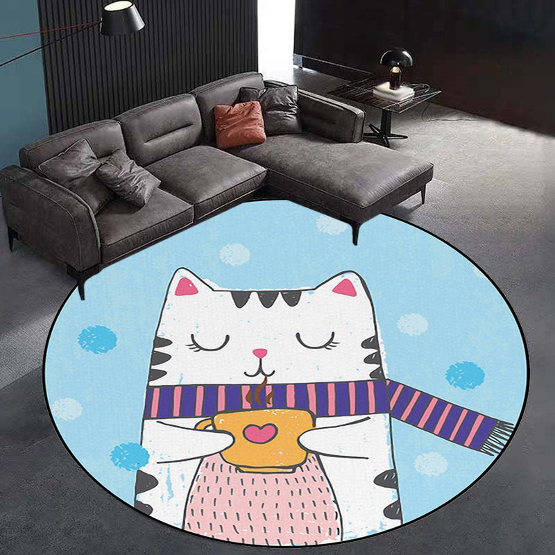 Lisslune | White and Blue Children's Room Rug Children Animals Cat Dots Pattern Area Rug Polyester Pet Friendly Carpet