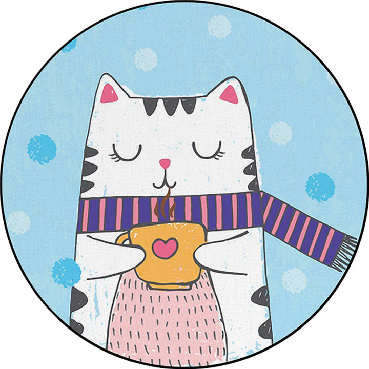 Lisslune | White and Blue Children's Room Rug Children Animals Cat Dots Pattern Area Rug Polyester Pet Friendly Carpet