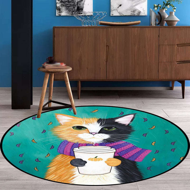 Lisslune | Blue and Green Children's Room Rug Children's Animal Dress Cat Leaf Pattern Rug Polyester Washable Rug
