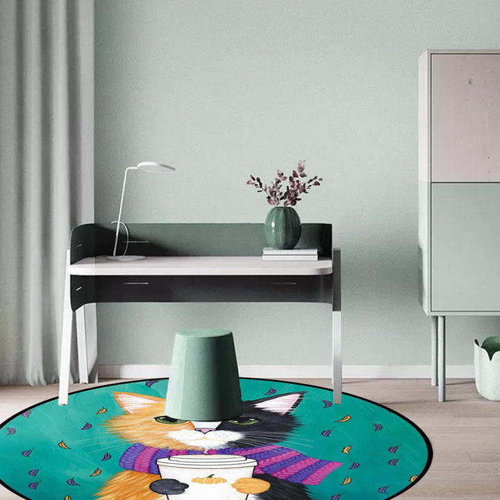 Lisslune | Blue and Green Children's Room Rug Children's Animal Dress Cat Leaf Pattern Rug Polyester Washable Rug