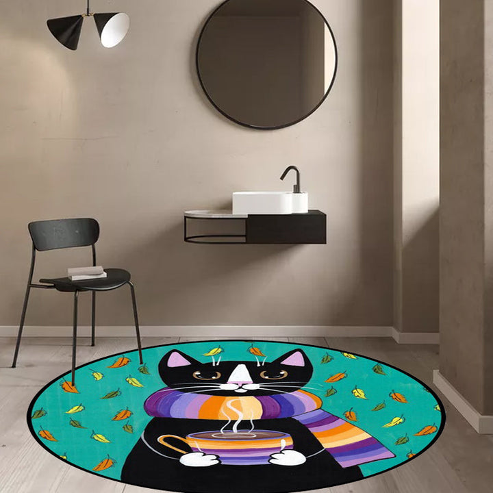 Lisslune | Blue and Green Children's Room Rug Children's Animal Dress Cat Leaf Pattern Rug Polyester Washable Rug