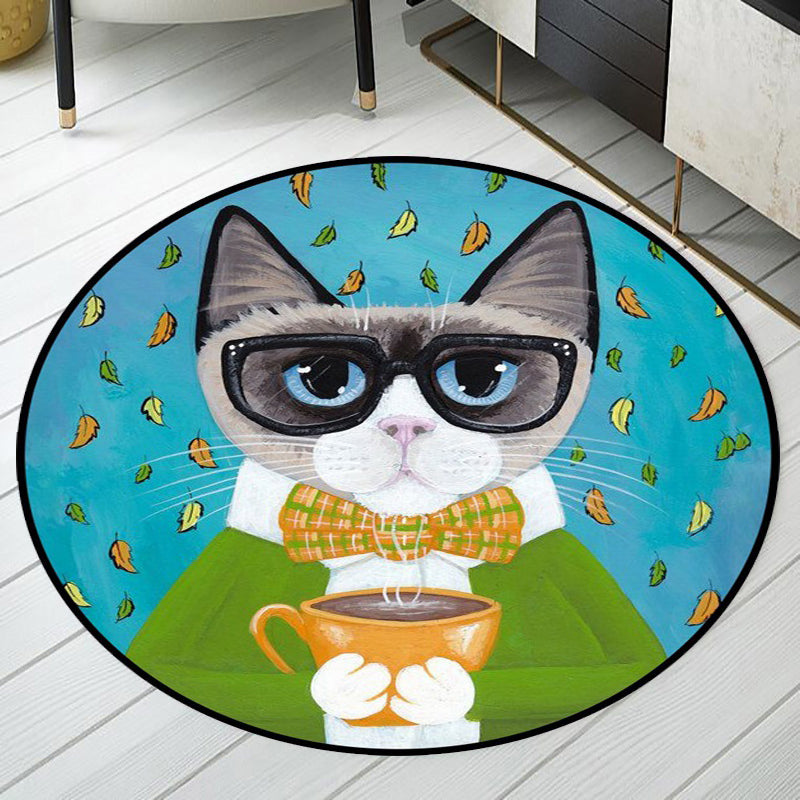 Lisslune | Blue and Green Children's Room Rug Children's Animal Dress Cat Leaf Pattern Rug Polyester Washable Rug