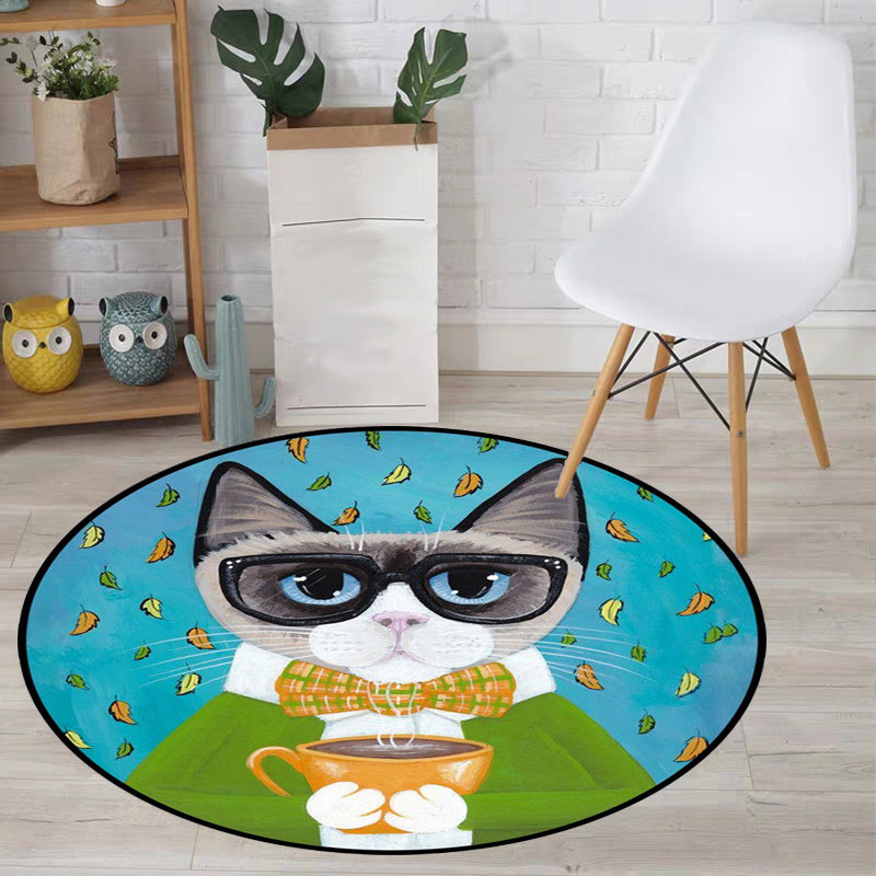 Lisslune | Blue and Green Children's Room Rug Children's Animal Dress Cat Leaf Pattern Rug Polyester Washable Rug