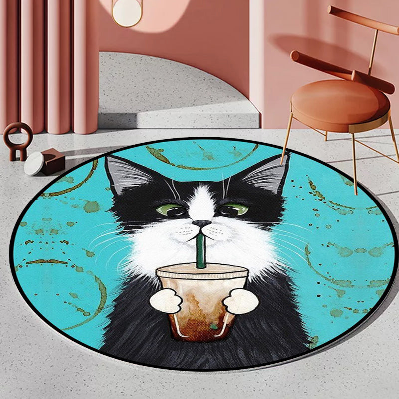 Lisslune | Blue and Green Children's Room Rug Children's Animal Dress Cat Leaf Pattern Rug Polyester Washable Rug