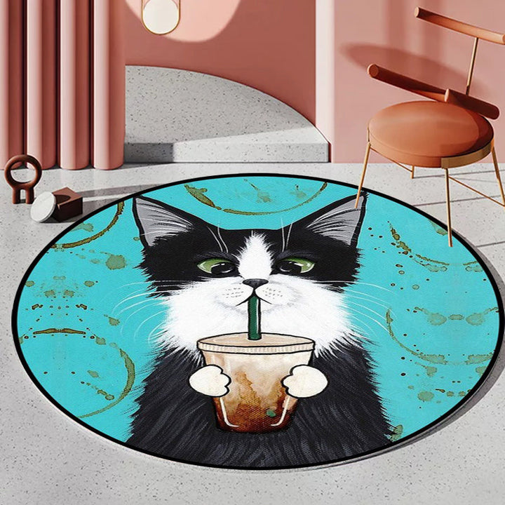 Lisslune | Blue and Green Children's Room Rug Children's Animal Dress Cat Leaf Pattern Rug Polyester Washable Rug