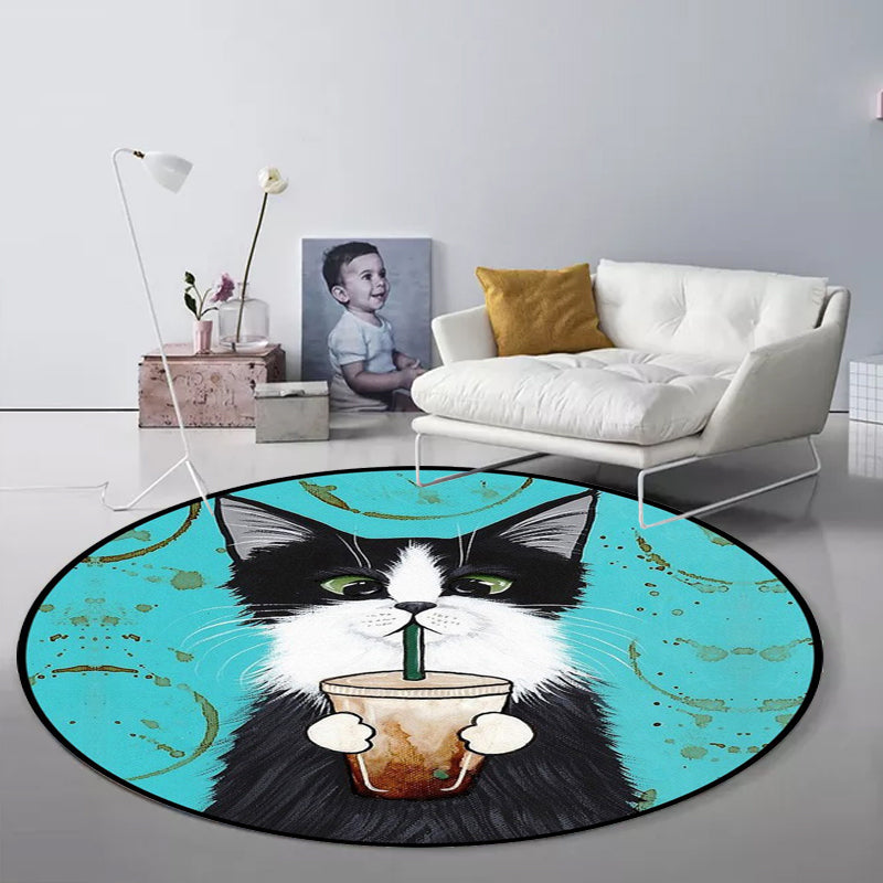 Lisslune | Blue and Green Children's Room Rug Children's Animal Dress Cat Leaf Pattern Rug Polyester Washable Rug