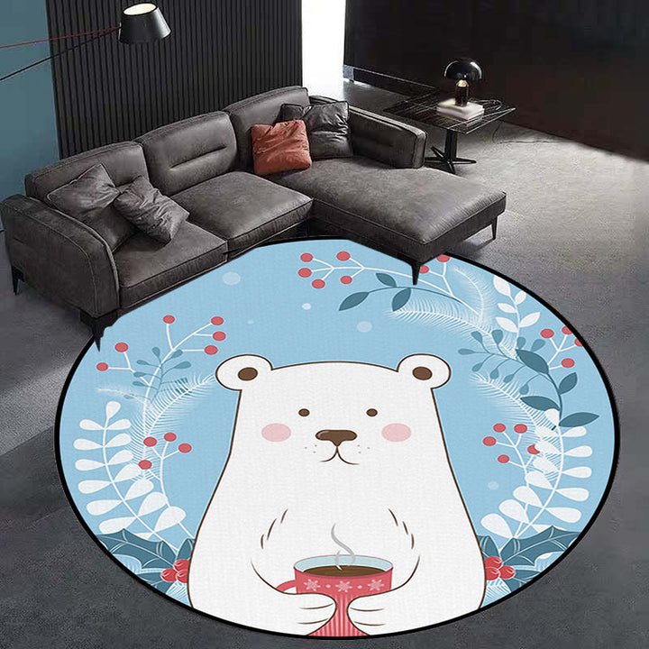 Lisslune | Kids Bedroom Carpet in Blue Animal Bear Leaf Drink Print Carpet Polyester Anti-Slip Back Carpet