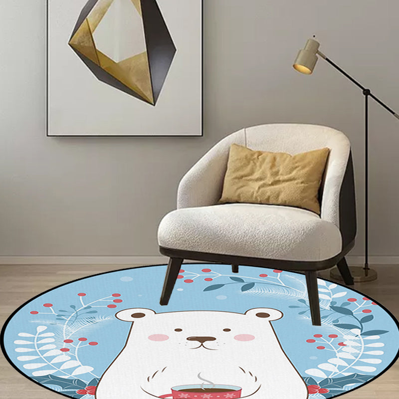 Lisslune | Kids Bedroom Carpet in Blue Animal Bear Leaf Drink Print Carpet Polyester Anti-Slip Back Carpet