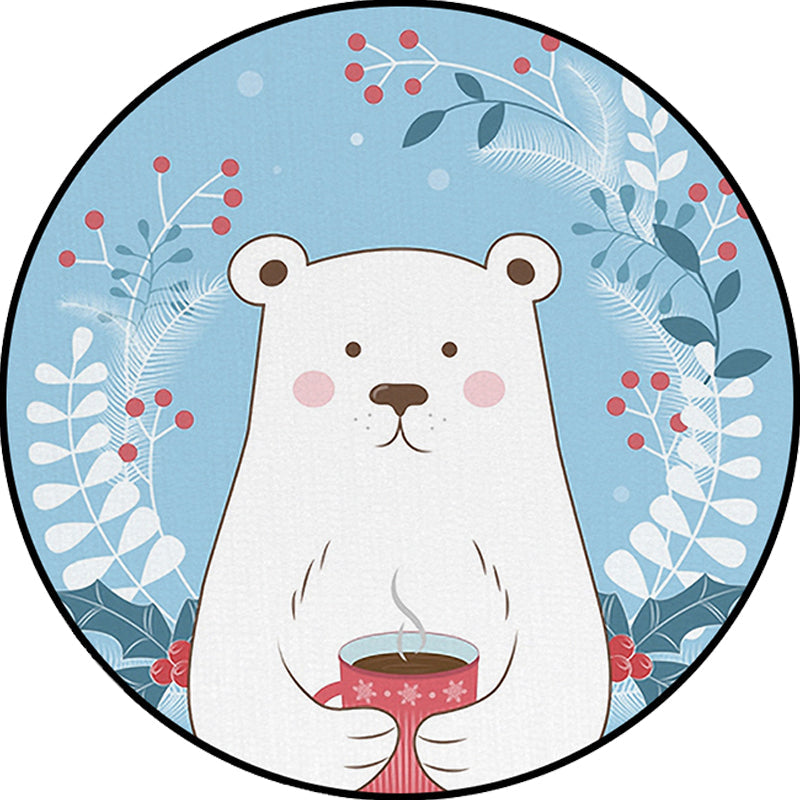 Lisslune | Kids Bedroom Carpet in Blue Animal Bear Leaf Drink Print Carpet Polyester Anti-Slip Back Carpet