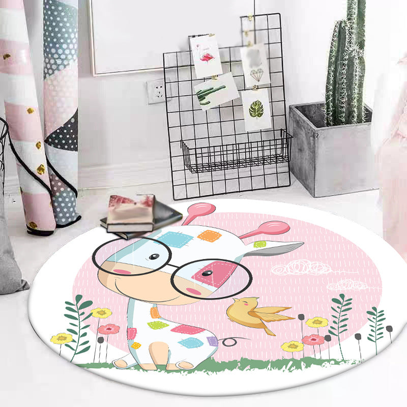 Lisslune | Blue and Pink Children's Room Carpet Child Animal Horse Rabbit Pattern Carpet Polyester Non-Slip Back Carpet