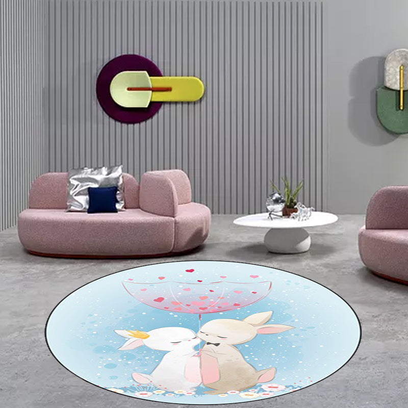 Lisslune | Blue and Pink Children's Room Carpet Child Animal Horse Rabbit Pattern Carpet Polyester Non-Slip Back Carpet