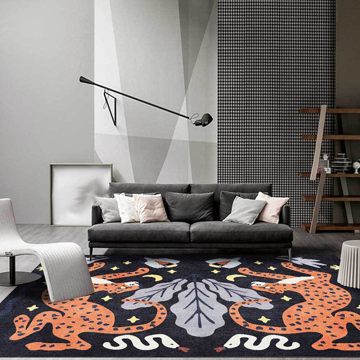 Lisslune | Unique Kids Rug in Black and White Animal Leopard Snake Leaf Pattern Rug Polyester Stain Resistant Carpet for Children's Room