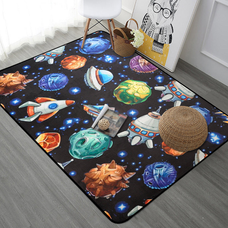 Lisslune | Kids Children's Room Carpet in Blue and Black Space Spaceship Planet Print Carpet Polyester Machine Washable Carpet