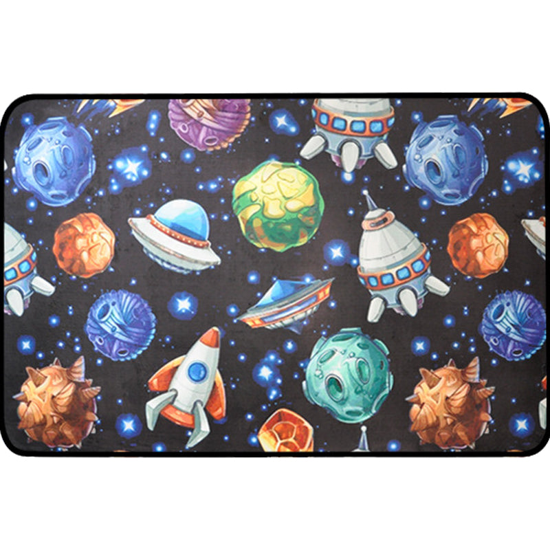 Lisslune | Kids Children's Room Carpet in Blue and Black Space Spaceship Planet Print Carpet Polyester Machine Washable Carpet