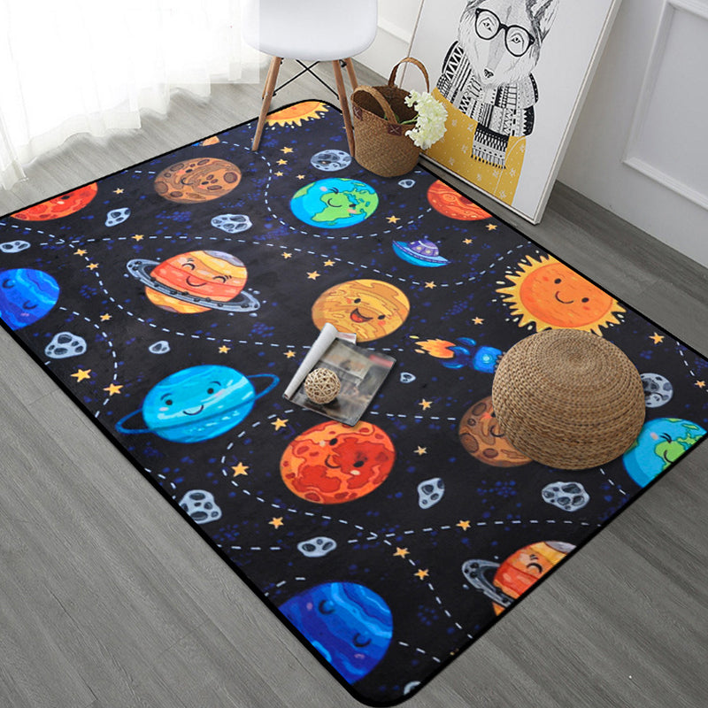 Lisslune | Kids Children's Room Carpet in Blue and Black Space Spaceship Planet Print Carpet Polyester Machine Washable Carpet