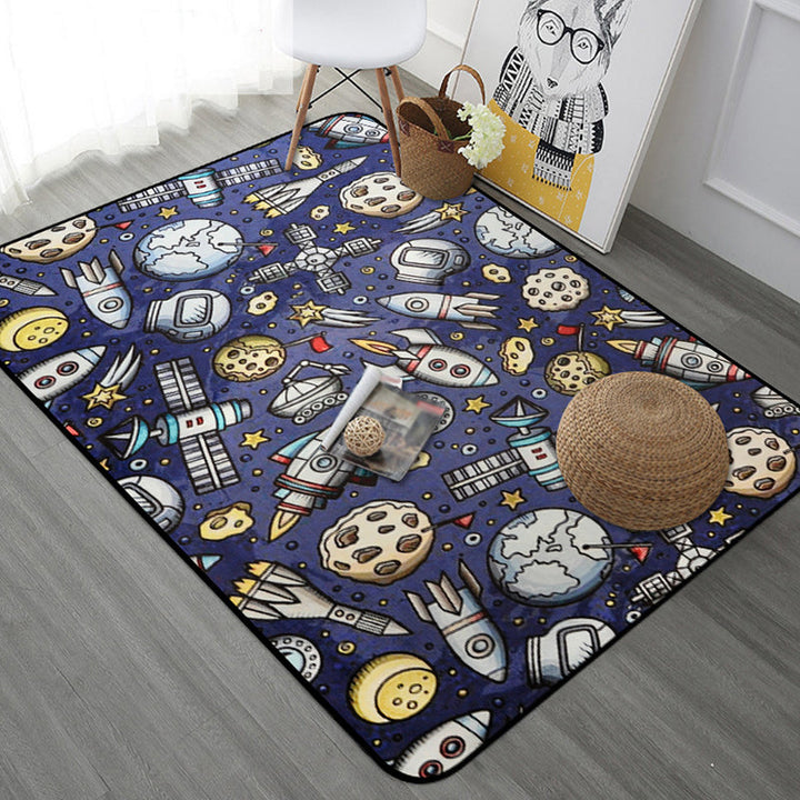 Lisslune | Kids Children's Room Carpet in Blue and Black Space Spaceship Planet Print Carpet Polyester Machine Washable Carpet