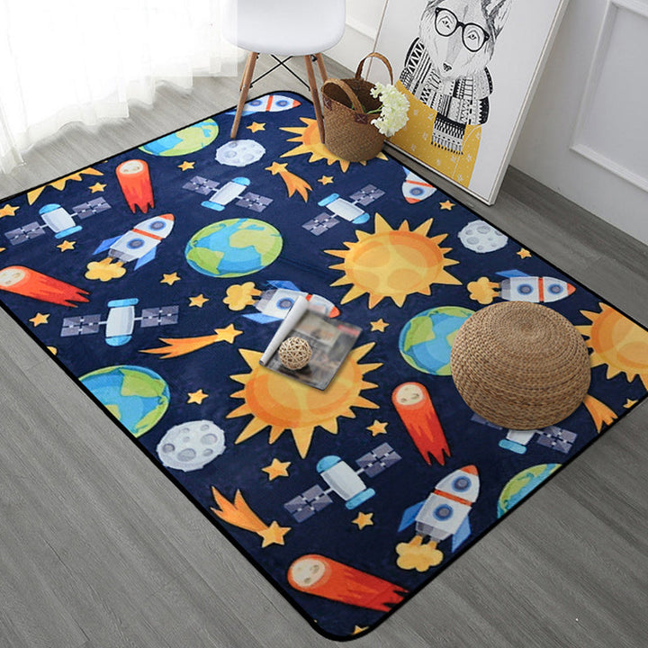 Lisslune | Kids Children's Room Carpet in Blue and Black Space Spaceship Planet Print Carpet Polyester Machine Washable Carpet