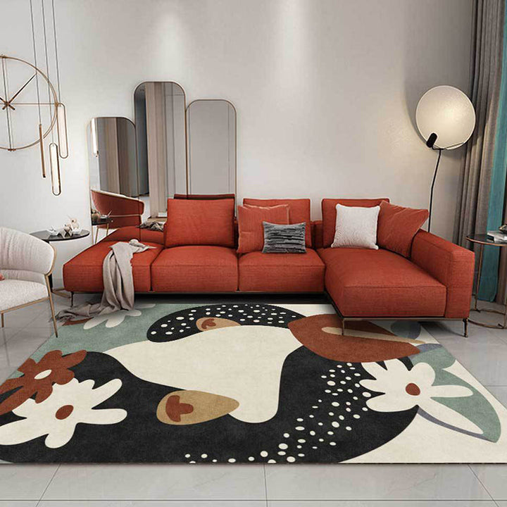 Lisslune | Stylish children's rug in black and ivory flower leaf dot pattern rug polyester stain-resistant rug for the children's room