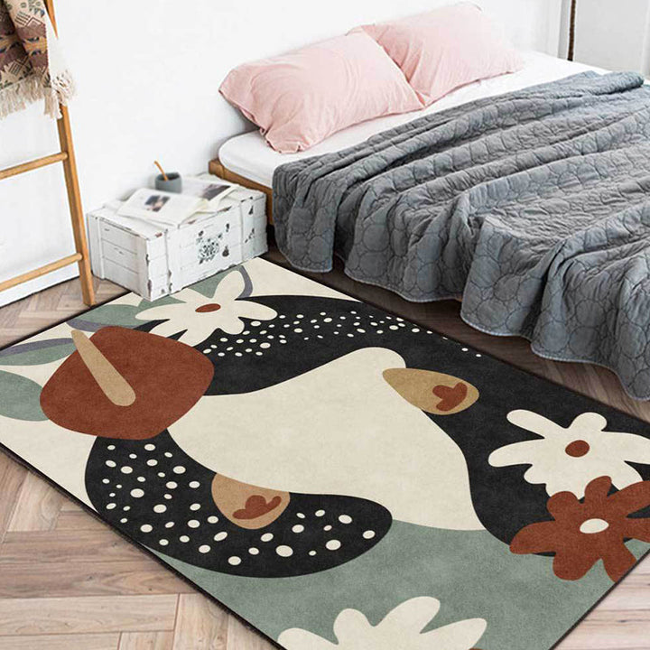 Lisslune | Stylish children's rug in black and ivory flower leaf dot pattern rug polyester stain-resistant rug for the children's room