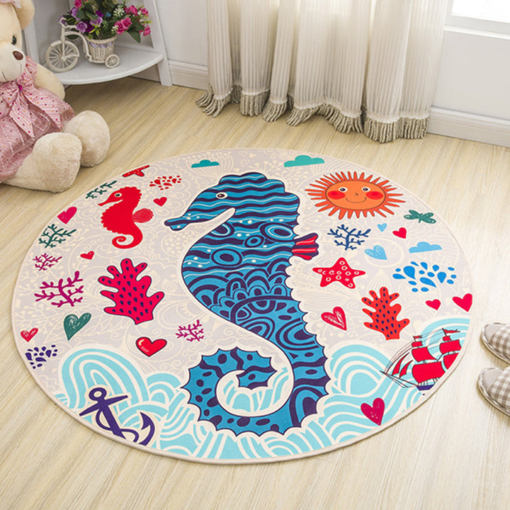 Lisslune | Stylish Kids Rug in Yellow and Green Animal Horse Whale Panda Pattern Rug Polyester Non-Slip Back Carpet for Children's Room