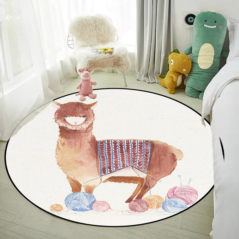 Lisslune | Children's Room Rug in White Animal Fox Koala Alpaca Print Rug Polyester Pet Friendly Washable Area Rug