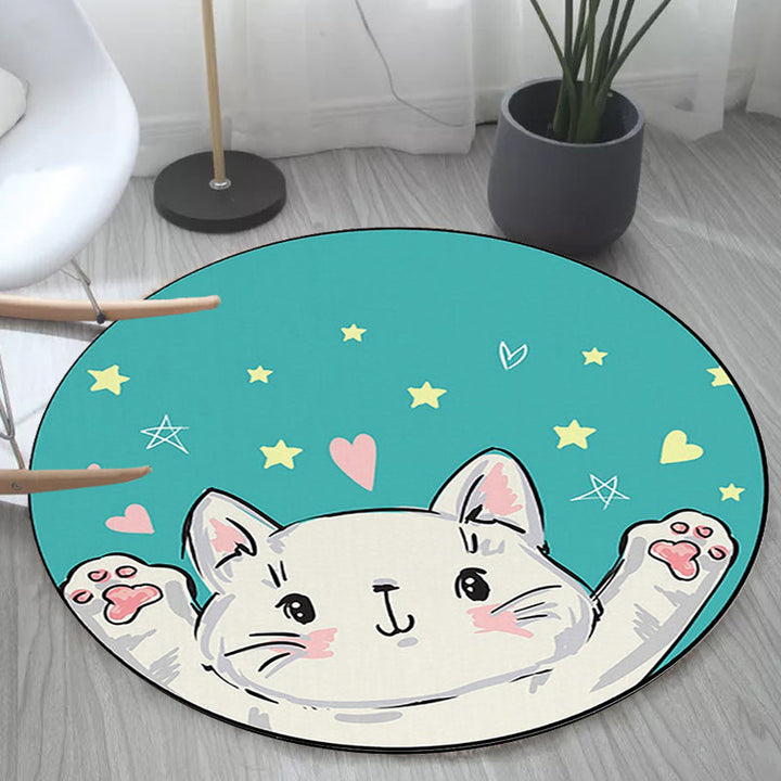 Lisslune | Kids Room Rug in Green and Yellow Animal Cat Heart Star Print Rug Polyester Stain Resistant Area Rug
