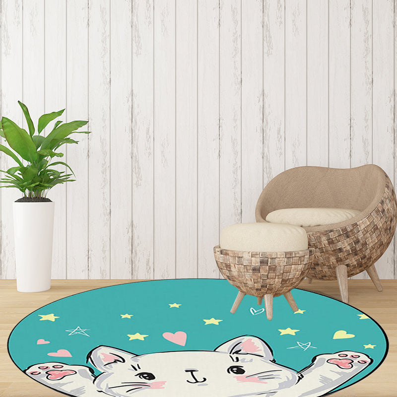 Lisslune | Kids Room Rug in Green and Yellow Animal Cat Heart Star Print Rug Polyester Stain Resistant Area Rug