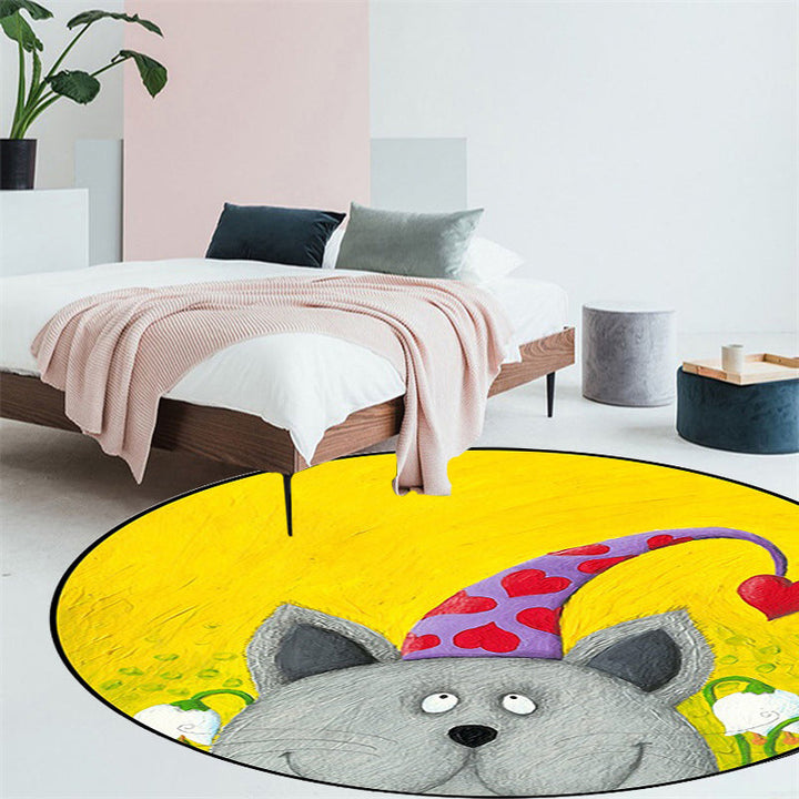 Lisslune | Kids Room Rug in Green and Yellow Animal Cat Heart Star Print Rug Polyester Stain Resistant Area Rug