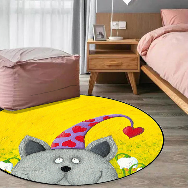 Lisslune | Kids Room Rug in Green and Yellow Animal Cat Heart Star Print Rug Polyester Stain Resistant Area Rug