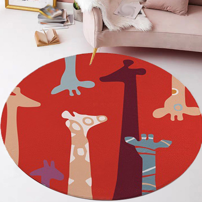 Lisslune | Red and Yellow Children's Room Carpet Children's Animal Cat Bear Giraffe Pattern Area Rug Polyester Pet-Friendly Washable Carpet