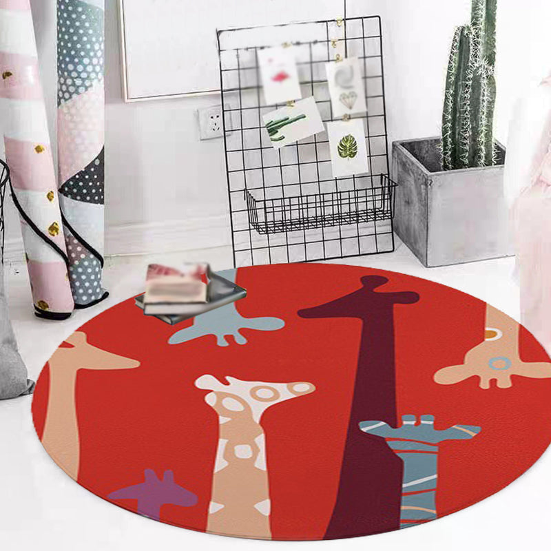 Lisslune | Red and Yellow Children's Room Carpet Children's Animal Cat Bear Giraffe Pattern Area Rug Polyester Pet-Friendly Washable Carpet