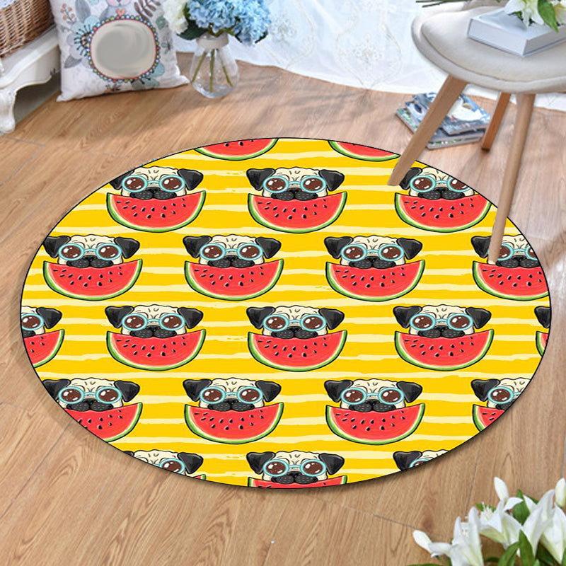Lisslune | Yellow and Pink Children's Room Rug Children Animal Dog Watermelon Leaf Pattern Carpet Polyester Washable Rug