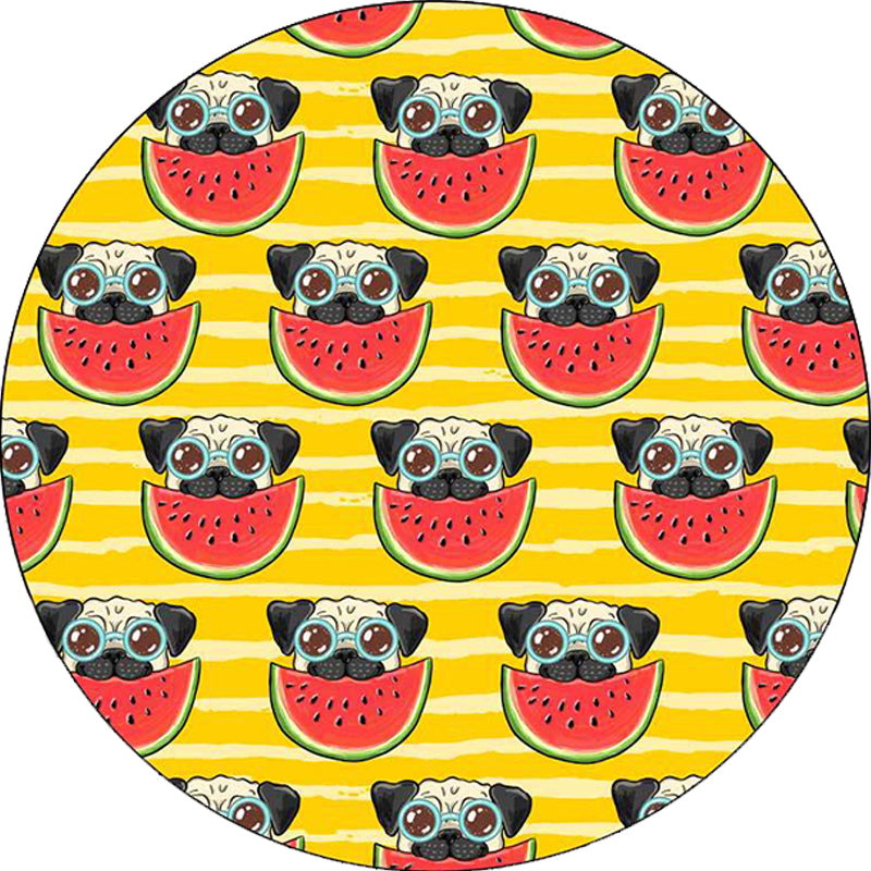 Lisslune | Yellow and Pink Children's Room Rug Children Animal Dog Watermelon Leaf Pattern Carpet Polyester Washable Rug