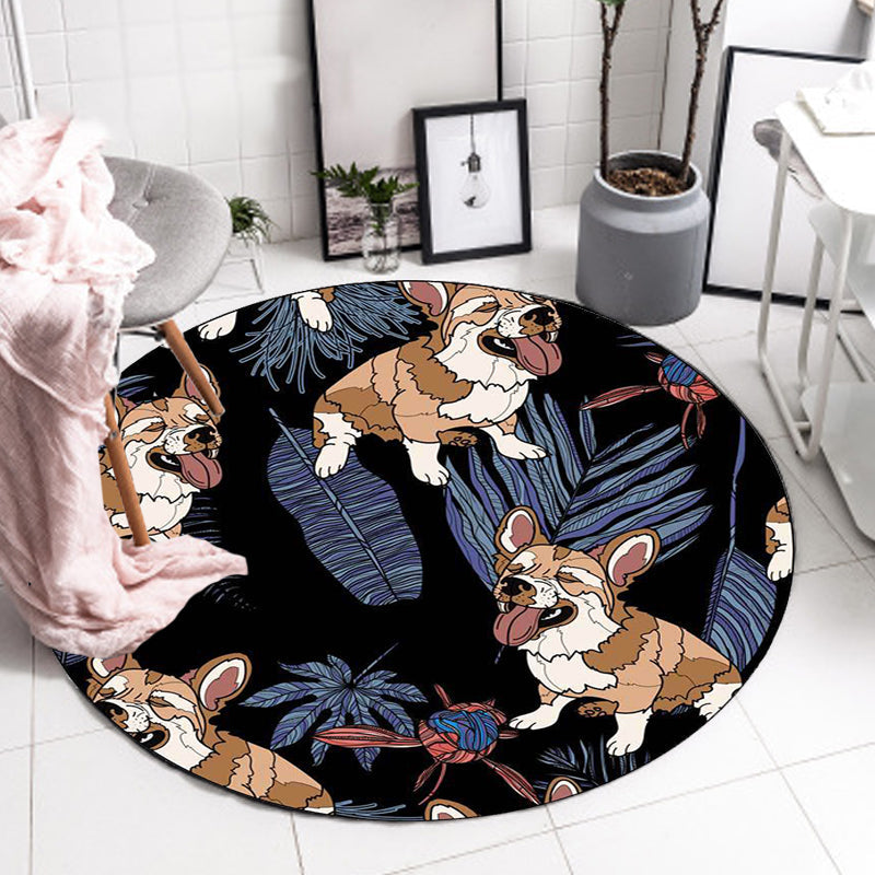 Lisslune | Yellow and Pink Children's Room Rug Children Animal Dog Watermelon Leaf Pattern Carpet Polyester Washable Rug