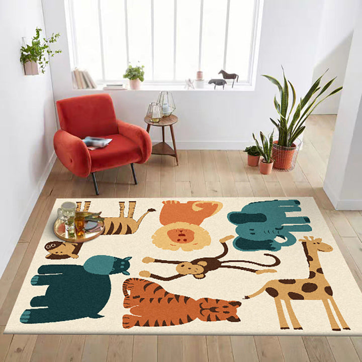 Lisslune | Children's room carpet in yellow animal elephant tiger lion print carpet polyester pet-friendly carpet