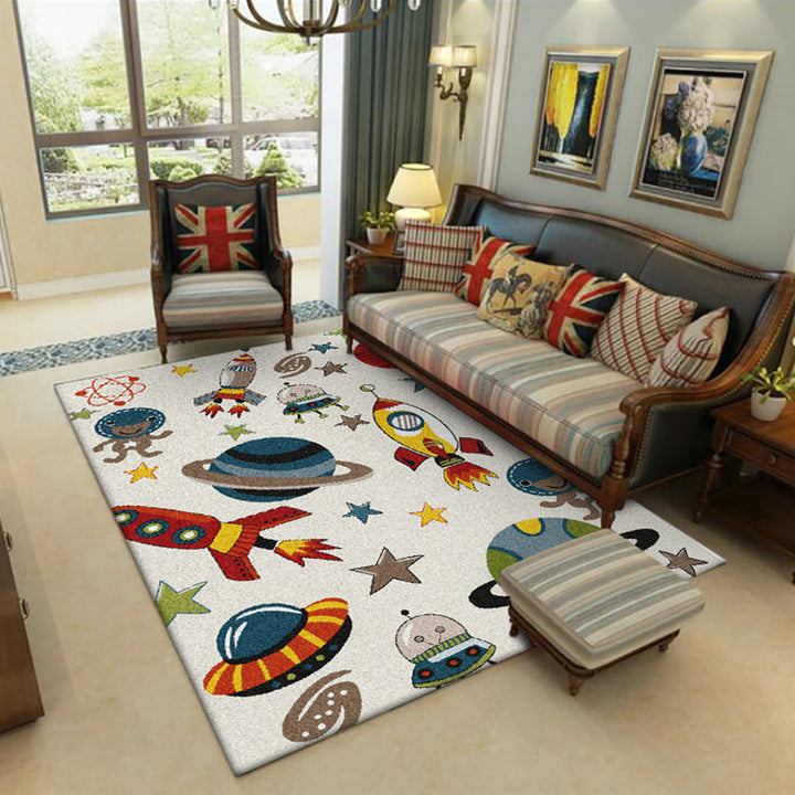 Lisslune | Ivory Kids Room Carpet Kids Space Planet Star Rocket Pattern Carpet Polyester Pet-Friendly Carpet
