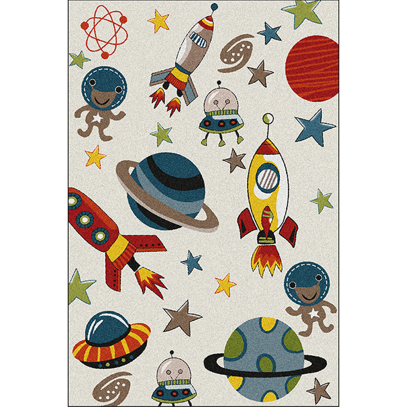 Lisslune | Ivory Kids Room Carpet Kids Space Planet Star Rocket Pattern Carpet Polyester Pet-Friendly Carpet