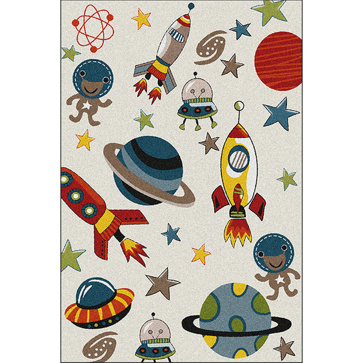 Lisslune | Ivory Kids Room Carpet Kids Space Planet Star Rocket Pattern Carpet Polyester Pet-Friendly Carpet