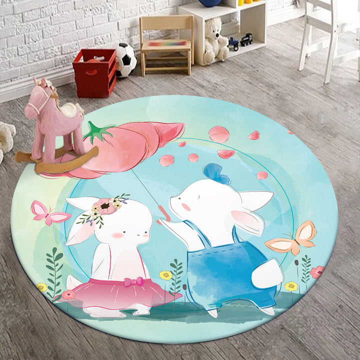 Lisslune | Kids Bedroom Carpet in Blue Animal Elephant Rabbit Hedgehog Print Carpet Polyester Pet-Friendly Area Rug