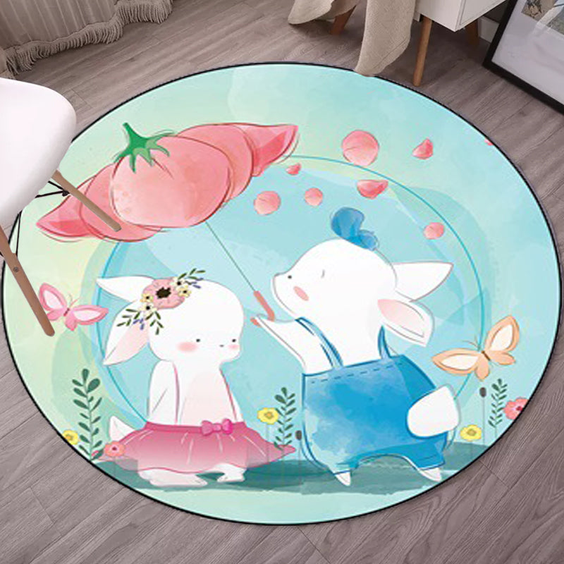 Lisslune | Kids Bedroom Carpet in Blue Animal Elephant Rabbit Hedgehog Print Carpet Polyester Pet-Friendly Area Rug