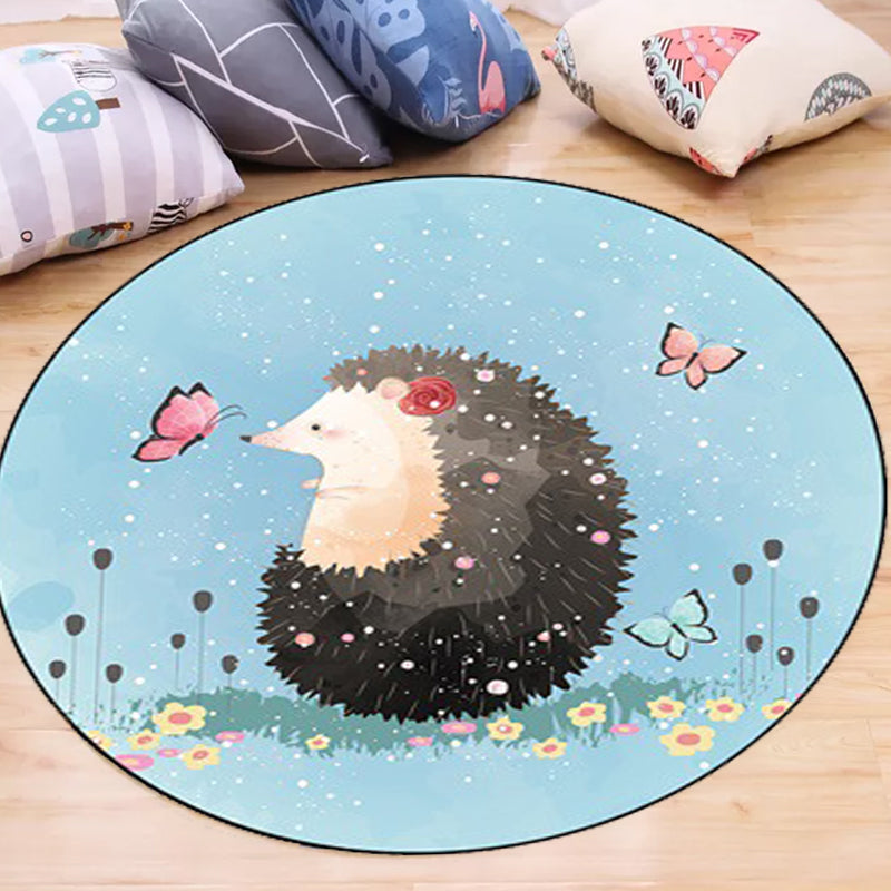 Lisslune | Kids Bedroom Carpet in Blue Animal Elephant Rabbit Hedgehog Print Carpet Polyester Pet-Friendly Area Rug